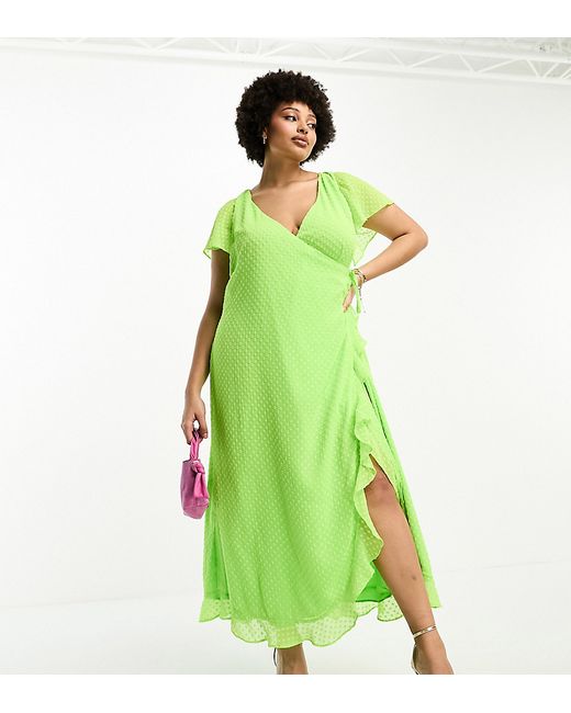 ASOS Curve DESIGN Curve frill detail wrap maxi dress in bright lime texture-