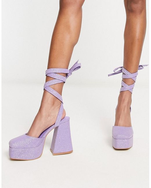 Daisy Street platform flared heeled shoes in lilac glitter-