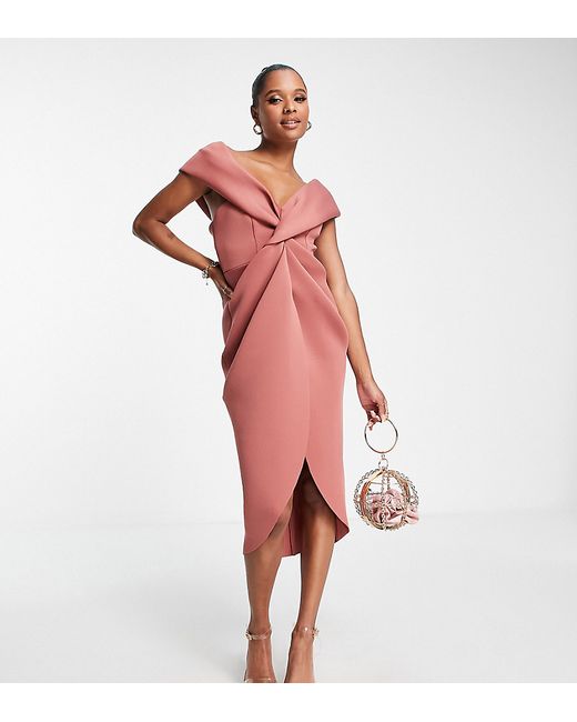 Asos Design Petite twist front off-the shoulder midi dress in rose-