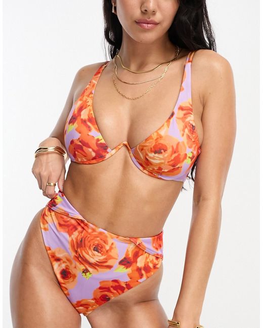Asos Design high leg waist bikini bottom in oversize floral print-