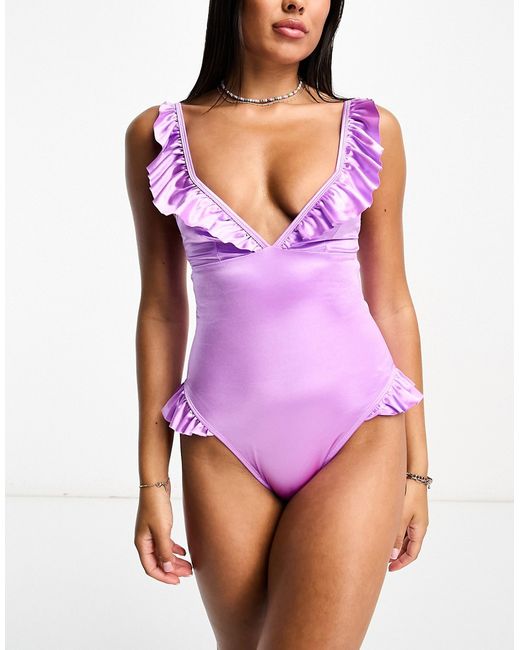 Asos Design frill plunge swimsuit with seam detail in lilac-