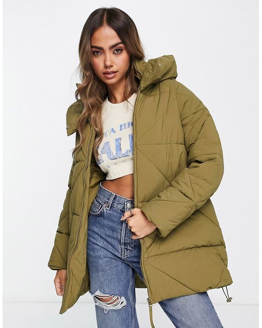 New Look mid length padded puffer coat with hood in olive