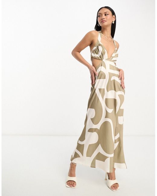 Asos Design satin halter plunge bust midi dress with cut out waist detail in brown geo print-