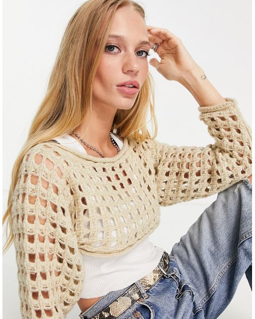 Asos Design super crop sweater in open stitch cream-