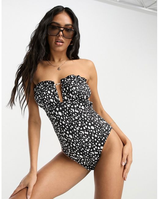 Asos Design bandeau frill swimsuit in mono spot print-