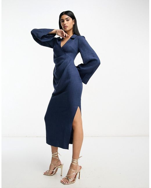 Asos Design flute sleeve collared wrap midi dress with gathers in