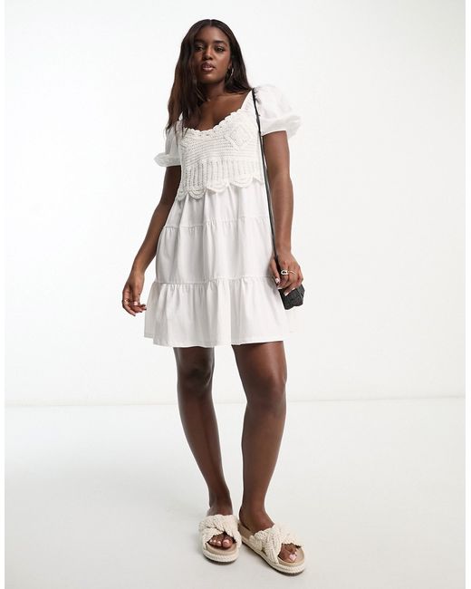 Asos Design short sleeve mini tiered smock dress with crochet detail in ivory-