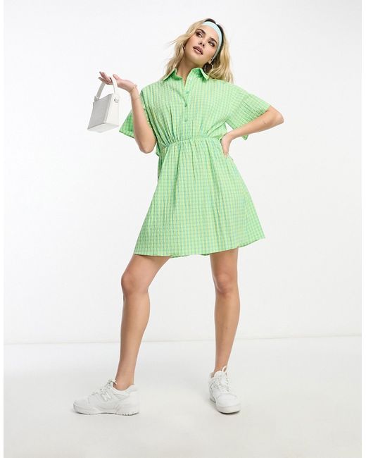 Asos Design cut out back shirt mini dress with seersucker green and yellow check-