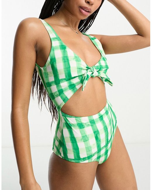 Monki cut-out swimsuit in check