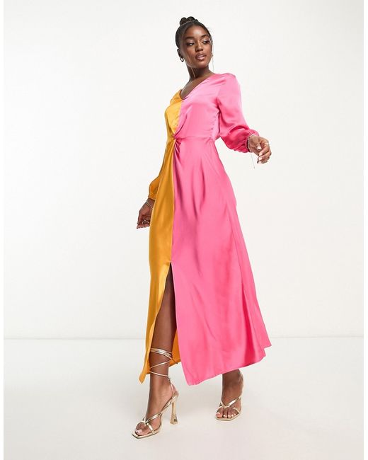 Monki long sleeve ruched satin block front maxi dress in