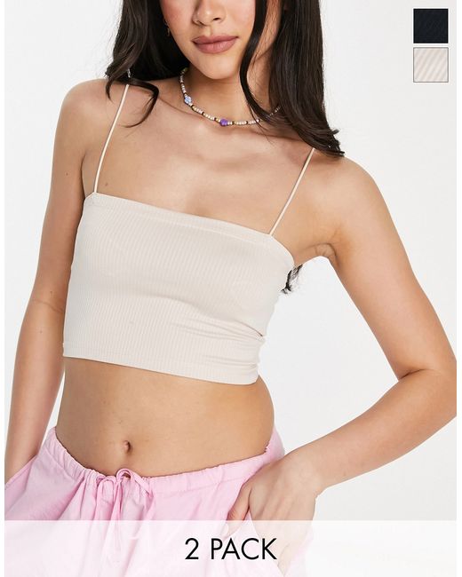 Pull & Bear 2 pack strappy ribbed tube crop top in nude