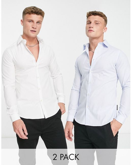 French Connection 2 pack skinny formal shirts in white and