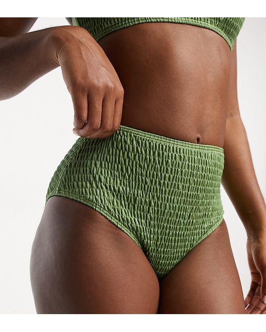 South Beach mix match high waist bikini bottom in khaki crinkle-