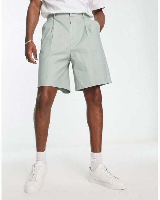 Asos Design smart wide linen mix shorts in sage