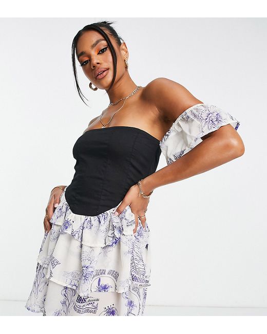 AsYou corset ruffle off the shoulder dress in outline print-