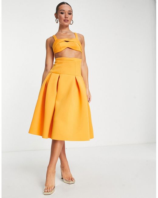 Asos Design two piece dropped waist pleat midi prom dress in marigold-