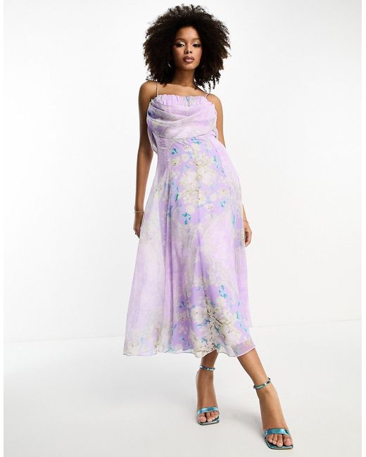 Asos Design corset midi dress with soft cowl front in lilac floral print-