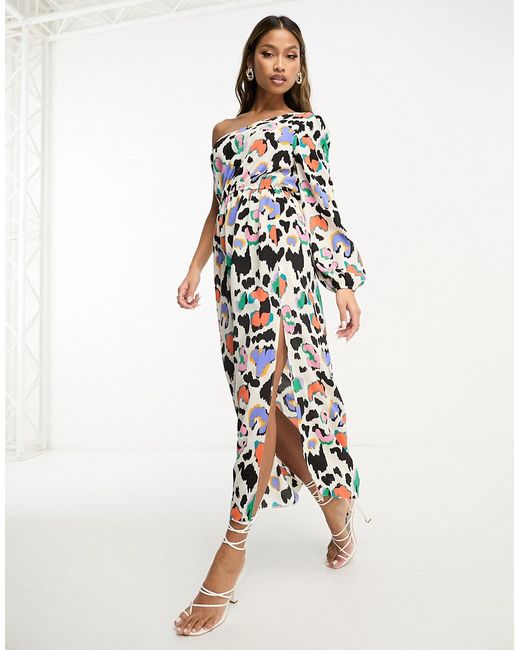 Asos Design one-shoulder cut-out midi dress in colored print-