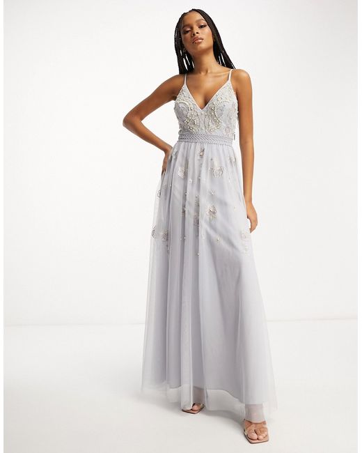 Asos Design Bridesmaid pearl embellished cami maxi dress with floral embroidery in light