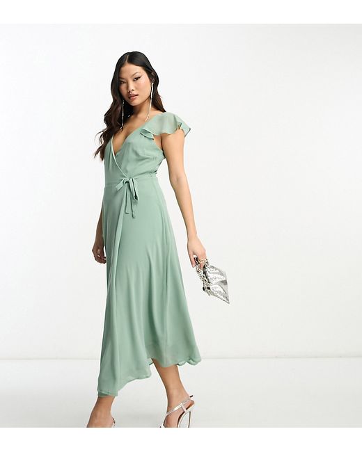 Vila Petite Bridesmaid wrap full skirt maxi dress with flutter sleeves in