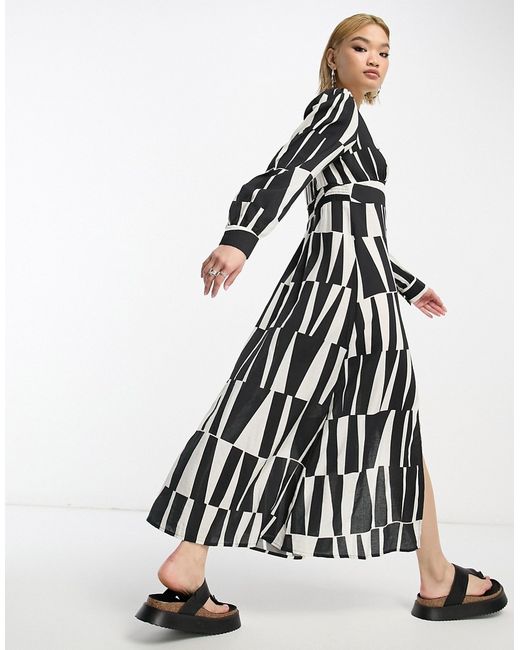 Object button up midi dress in monochrome abstract print-
