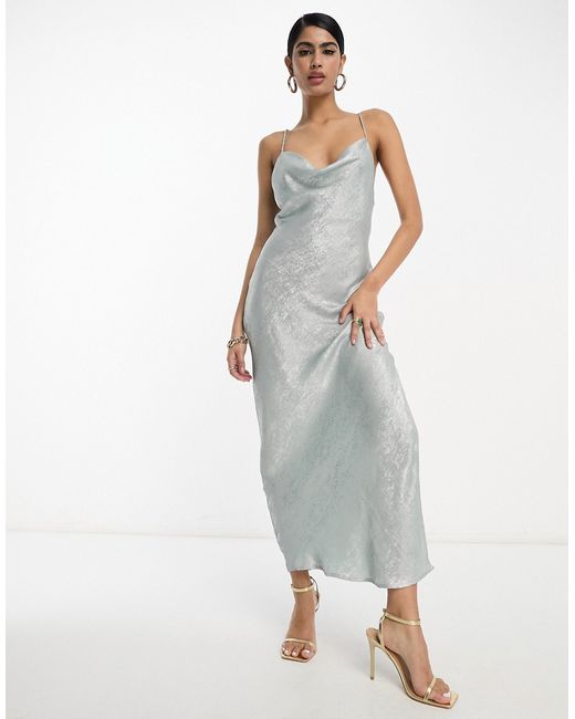 Vila glam lace up back cami maxi dress in shimmer silver-