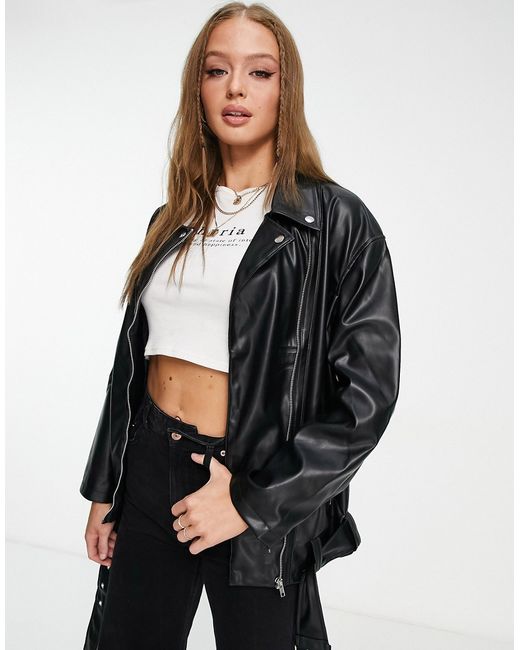 Asos Design longline oversized faux leather biker jacket in