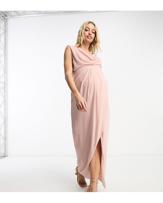 TFNC Maternity Bridesmaid chiffon wrap maxi dress with cowl neck front and back in mauve-