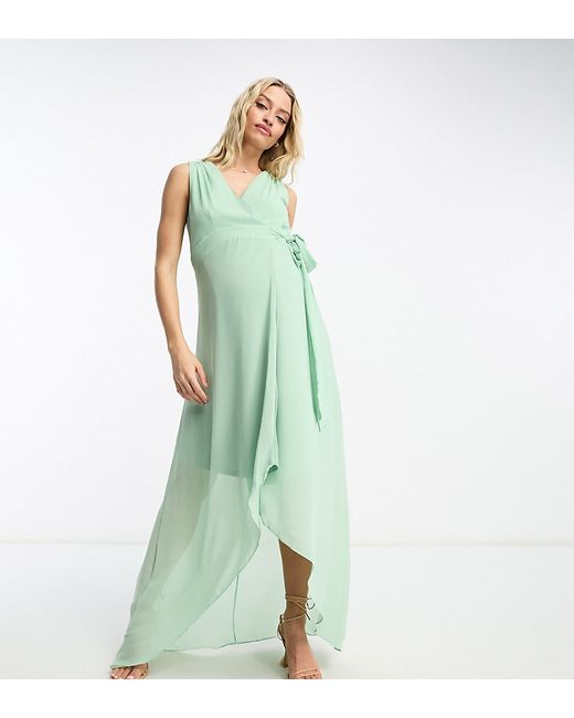 TFNC Maternity Bridesmaid chiffon wrap maxi dress in sage green-