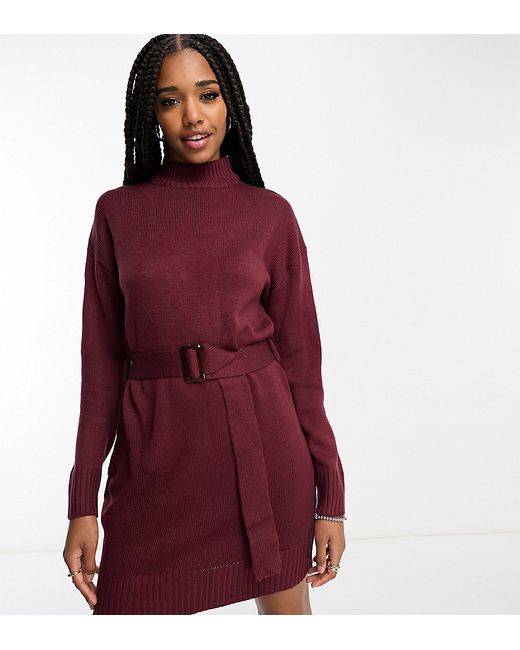 Violet Romance Tall belted knitted sweater dress in chocolate