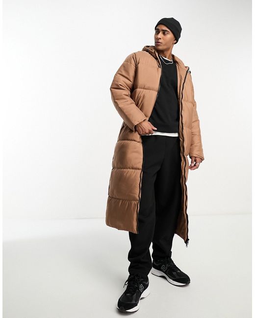 Another Influence longline puffer jacket with hood in beige-