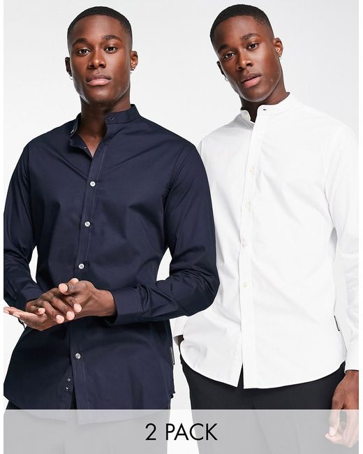 French Connection 2 pack grandad collar shirts in white and