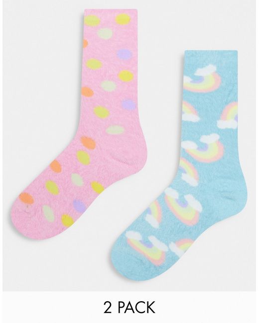 Threadbare 2 pack fluffy rainbow socks in pastel lilac and blue-