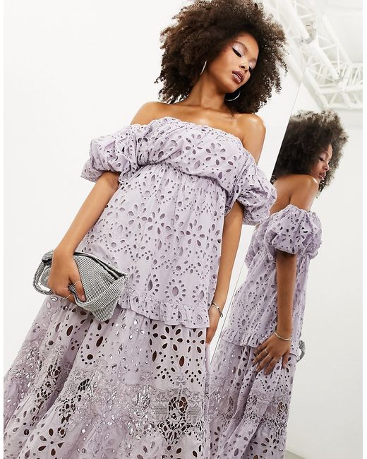 ASOS Edition blouson off shoulder tiered eyelet midi dress in lilac-