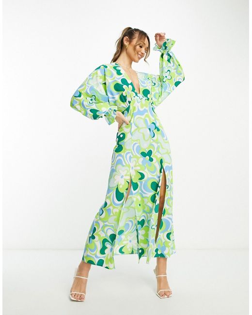 Asos Design plunge batwing maxi dress in green retro floral-
