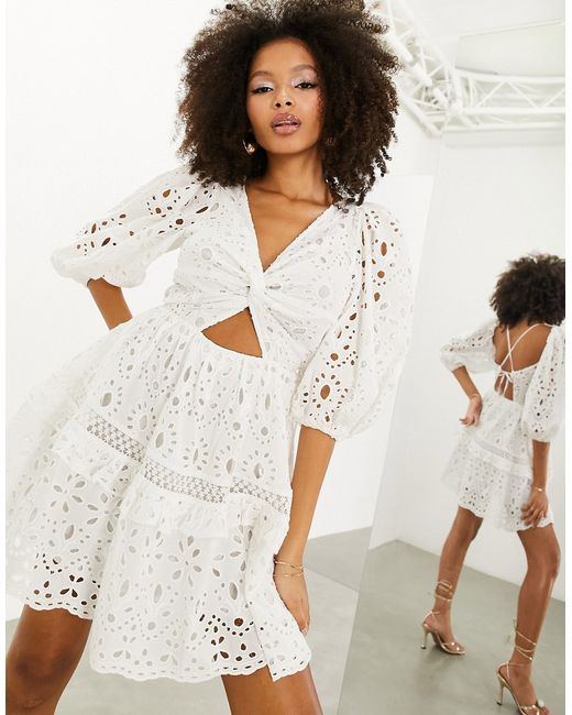 ASOS Edition eyelet twist front mini dress with puff sleeve in