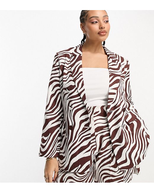 ASOS Curve DESIGN Curve linen double breasted suit blazer in animal print-