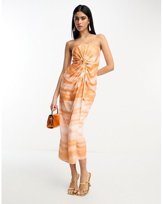 Asos Design satin bandeau twist front midi dress in watercolor print-