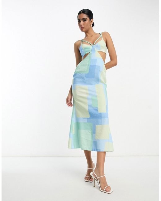 Asos Design washed strap cut out midi dress in aqua geometric print