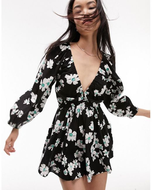 TopShop elasticated channel long sleeve romper in floral