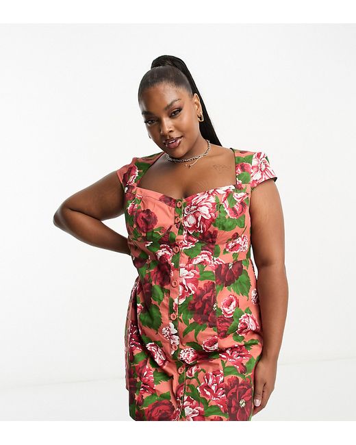 ASOS Curve DESIGN Curve mini button through twill dress with cup detail in bloom floral print-