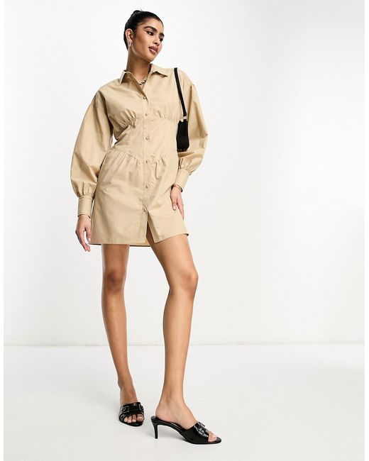 Asos Design corset detail mini shirt dress with balloon sleeves in camel-