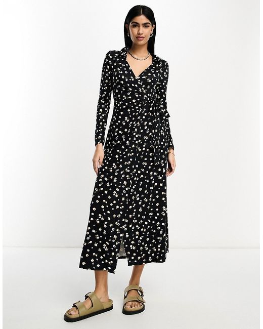 Asos Design long sleeve collared midi wrap dress in black floral ditsy print-