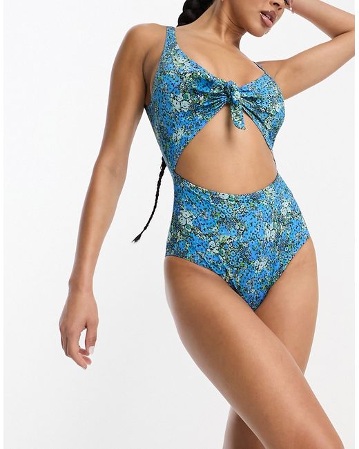 Monki tie front swimsuit in floral print