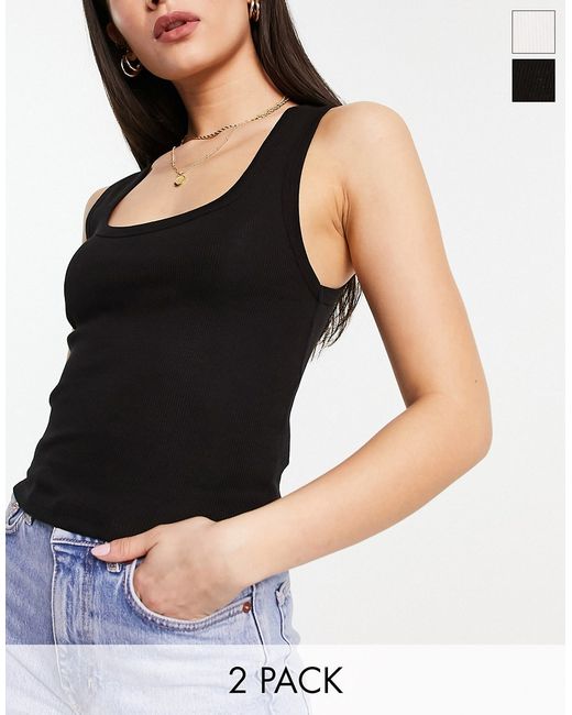 Bershka ribbed cropped tank top 2 pack in black and