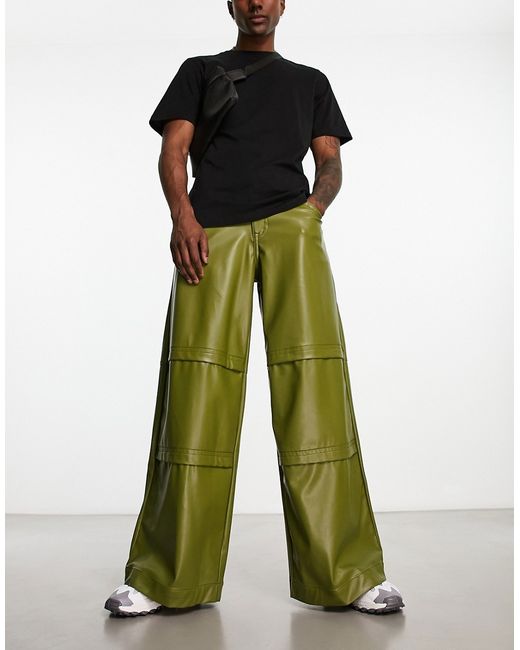 Asos Design extreme wide leg leather look jeans in khaki