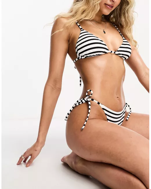 Other Stories ribbed tie triangle bikini top in black and white stripe-