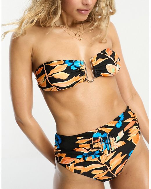 River Island ring trim bandeau bikini top in tropical print