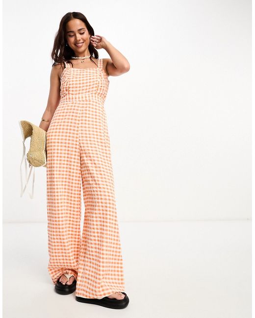 Monki square neck jumpsuit with front ruching in gingham