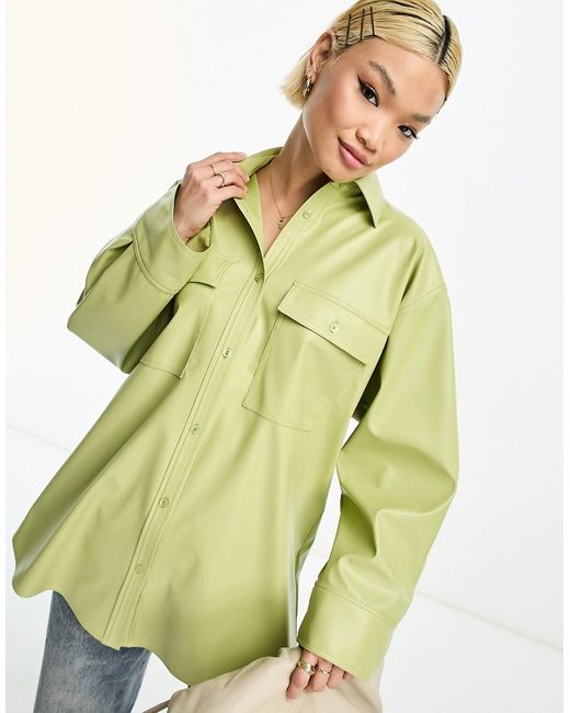 Asos Design PU oversized shirt with wide cuff detail in sage